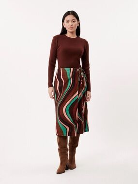 FRNCH Brown Multicolor Swirl Midi Skirt with Side Tie